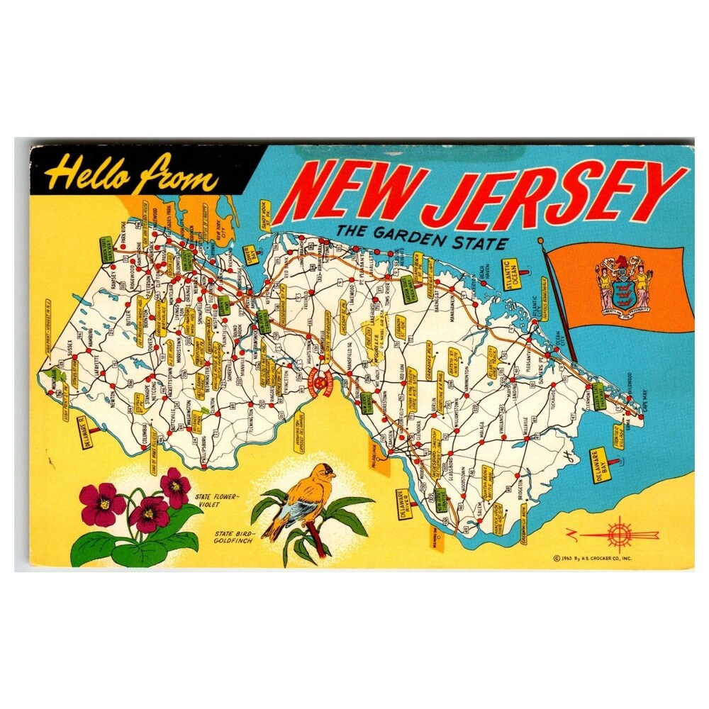 Hello From New Jersey Mapcard Postcard 1963 The Garden State Goldfinch Violet
